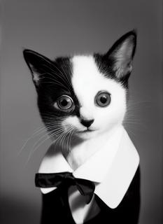 a black and white medium format 85mm portrait photograph of a kitten in a tuxedo on his way to a funeral, The photo is high quality and highly detailed with the kitten's features clearly visible, photographer Edward Weston used Agfa Isopan ISO 25 film to create this image, this image resembles Edward Weston's photograph Pepper No. 35 -s75 -W512 -H704 -C7.5 -Ak_euler_a -S3183474061